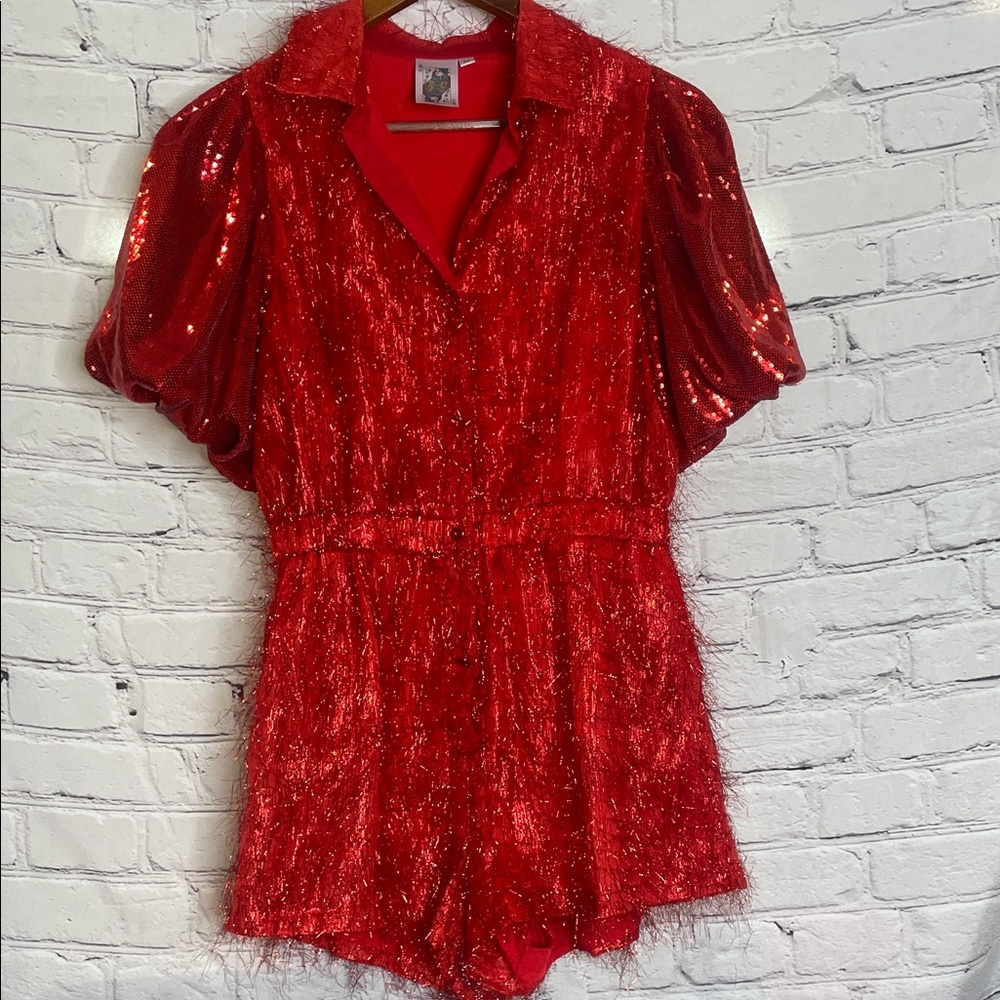 Queen Of Sparkles Sparkling Red Sequin Puffed Sleeve Romper Size Medium